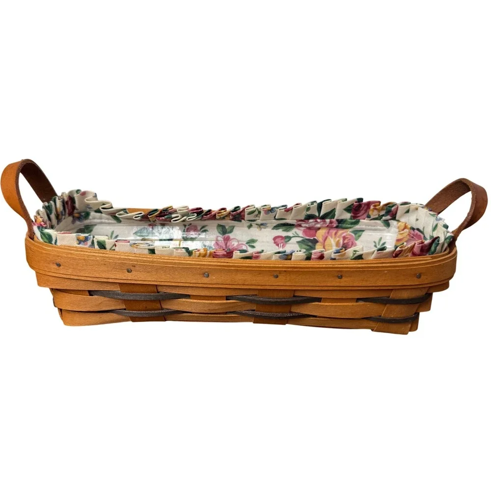 Longaberger 1994 Cracker Basket Floral Liner Plastic Protector Leather Handle